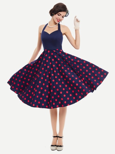Polka Dot Halter Tie Back Swing Dress