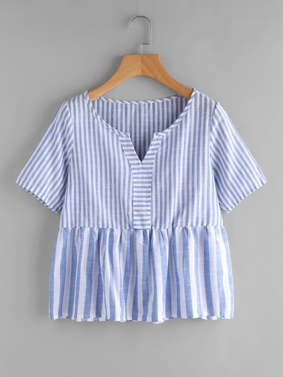 Contrast Striped V Cut Smock Blouse