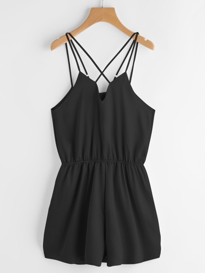 Criss Cross Back Elastic Waist Satin Cami Romper