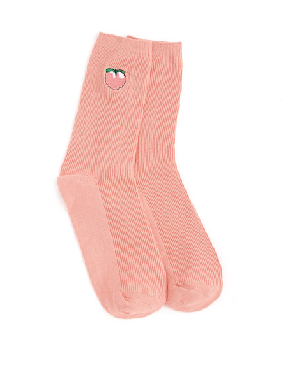 Peach Embroidery Calf Length Socks