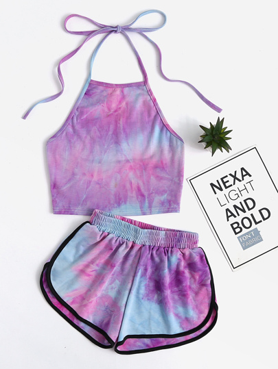 Halter Neck Water Color Crop Top With Ringer Shorts