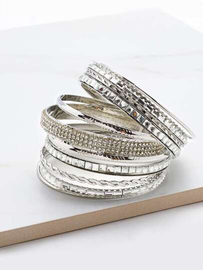 Rhinestone Embellished Charm Bangle Bracelet Set