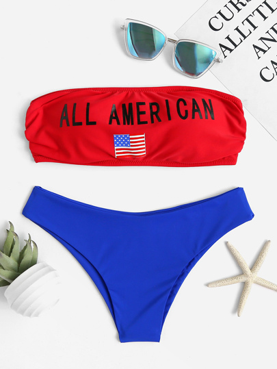 Contrast Letter Print Tie Back Bikini Set