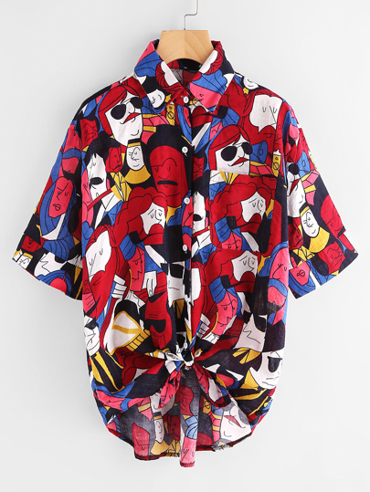 Allover Printed Dip Hem Knot Front Shirt