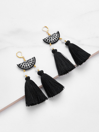 Embroidery Detail Two Tassel Drop Earrings