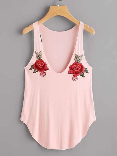 Curved Hem Tank Top With Embroidered Patches