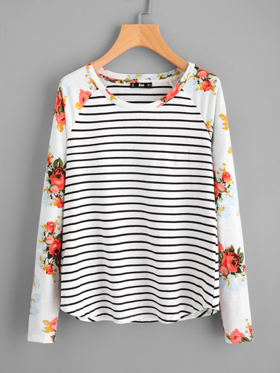 Tee-shirt manche raglan bord courbé imprimé fleuri à rayures
