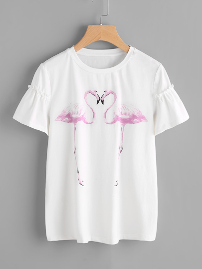 Tee-shirt manche ruchée imprimé des flamants