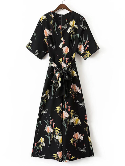 Floral Print Jumpsuit With Self Tie