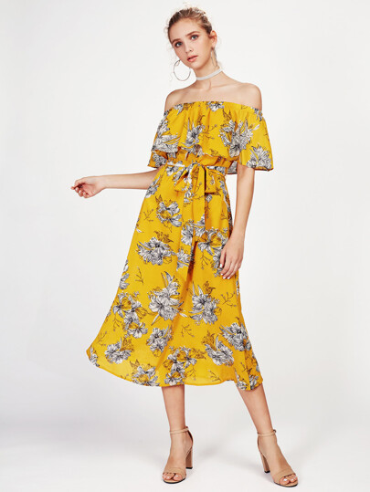 Self Tie Flounce Off Shoulder Dress