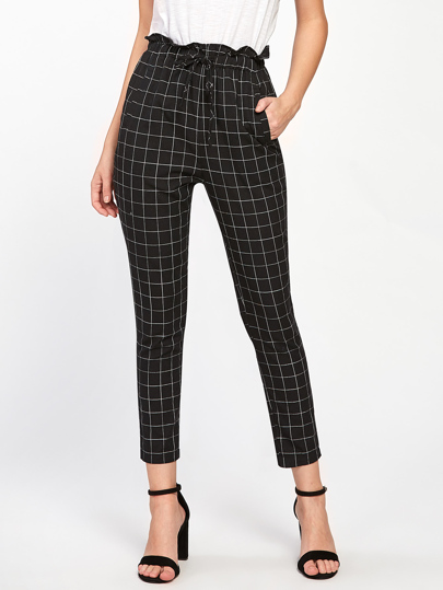 Pantalons taille ruchée à carreaux