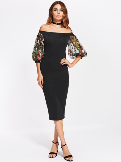 Bardot Dress With Embroidered Mesh Puff Sleeve