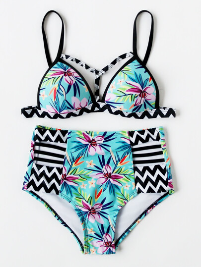 Ensemble de bikini taille haute imprimé des fleurs et zigzag