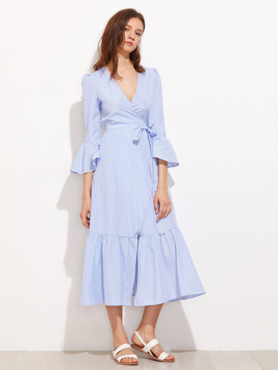 Vertical Striped Puff Sleeve Frill Dress