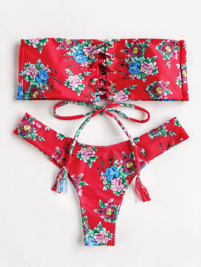 Calico Print Criss Cross Bandeau Bikini Set