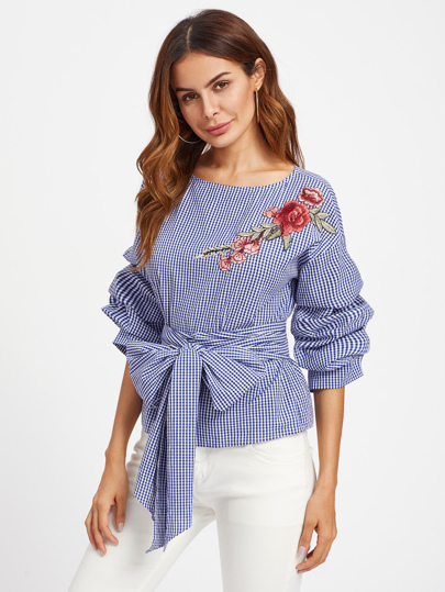 Gathered Sleeve Embroidered Applique Belted Gingham Top