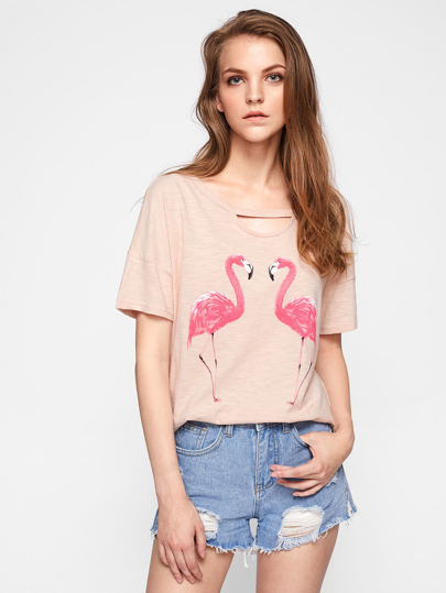 T-Shirt mit Cutout Ausschnitt und Flamingo