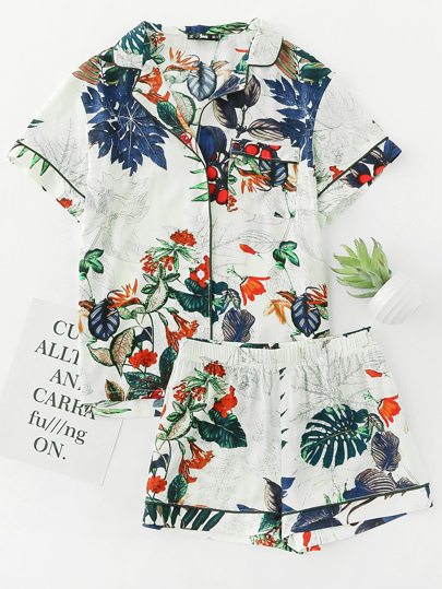 Tipping Detail Tropical Shirt And Shorts Pajama Set