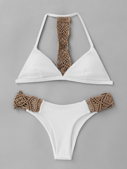 Woven Detail Racerback Triangle Bikini Set