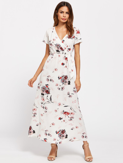 Vestido de gasa cruzado con estampado floral al azar con detalle de cordones