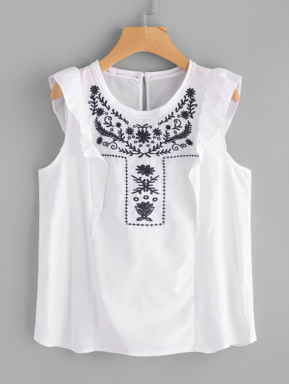 Frill Trim Embroidered Sleeveless Top