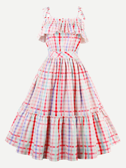 Rainbow Gingham Tie-Strap Frill Trim Circle Dress