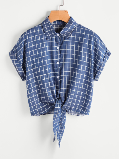 Bluse mit Fensterscheibe Muster,gerollten Ärmeln und Knoten vorn