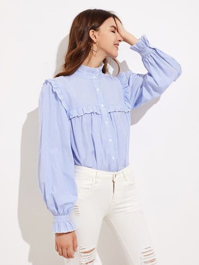 Frill Trim Gigot Sleeve Pinstripe Blouse