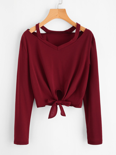 T-Shirt mit Cut Out Ausschnitt und Knoten vorn