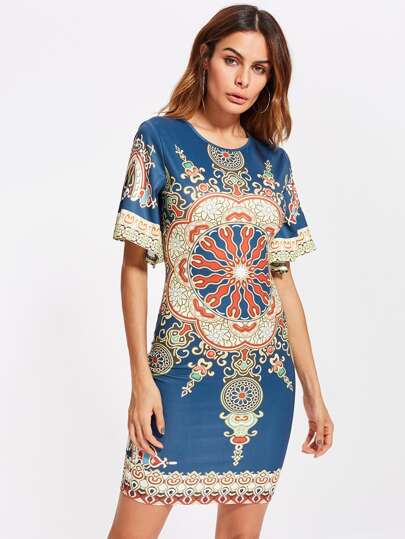 Ornate Print Flutter Sleeve Dress