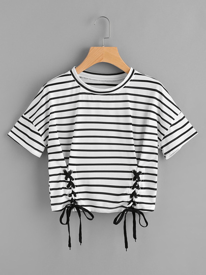 Striped Grommet Lace Up Dropped Shoulder Top