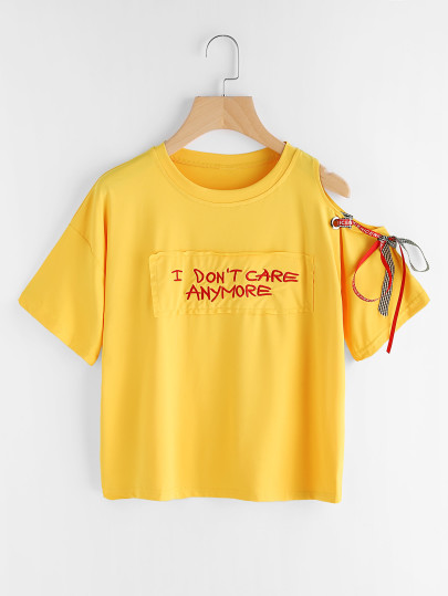 Asymmetrisches Schulterfreies T-Shirt mit Stickerei und Band