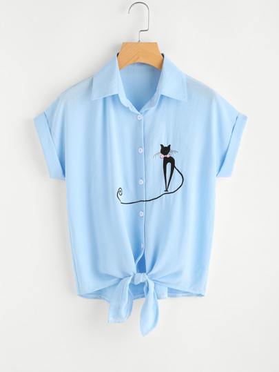 Cat Embroidery Knotted Hem Cuffed Shirt