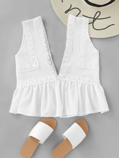 Plunging V-neckline Lace Trim Frill Hem Top