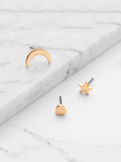 Moon & Star & Heart Design Earring Set 3pcs