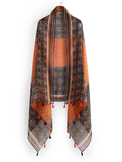 Retro Print Color Block Scarf With Fringe