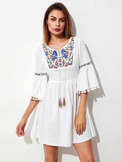 Tasseled Tie Pom Pom Trim Fluted Sleeve Embroidered Dress