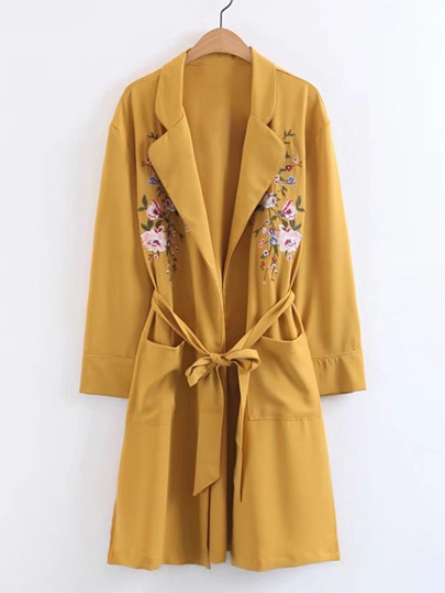 Flower Embroidery Longline Coat With Self Tie
