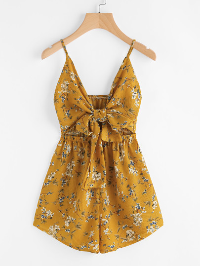 Floral Print Cut Out Knot Front Cami Romper