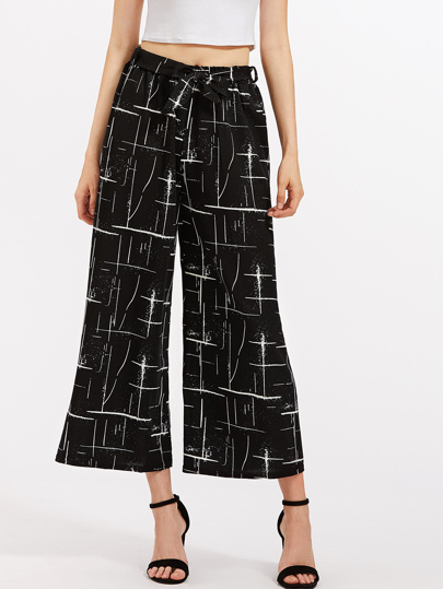 Abstract Print Self Tie Wide Leg Pants