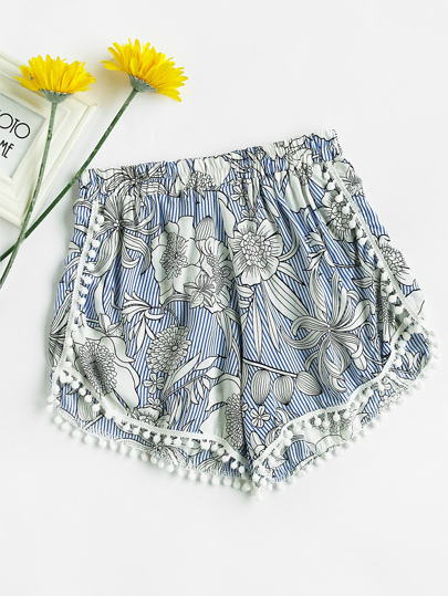 Floral Print Striped Pompom Trim Shorts