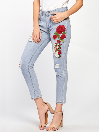 Rose Applique Ripped Jeans