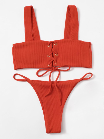 Lace Up Ribbed Bikini Set