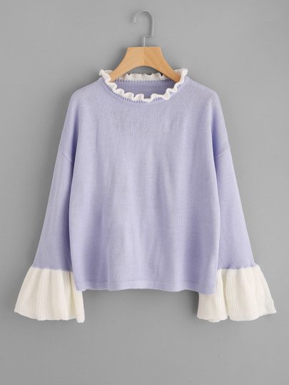 Pull-over poignet cloche col ruché contrasté
