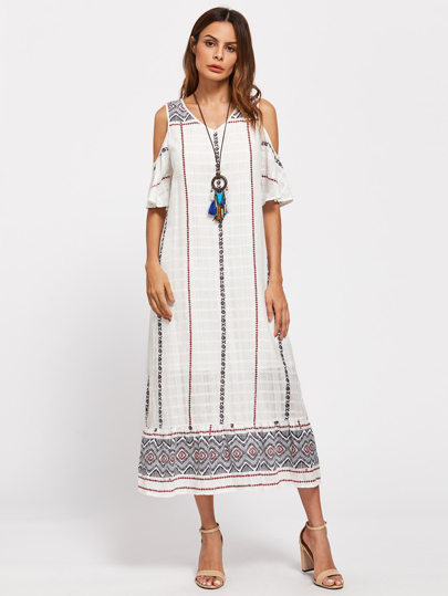 Tribal Print Open Shoulder Tiered Hem Dress