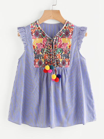 Pom Pom Tie Neck Embroidered Yoke Blouse