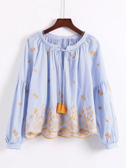 Drop Shoulder Tassel Tie Embroidery Top