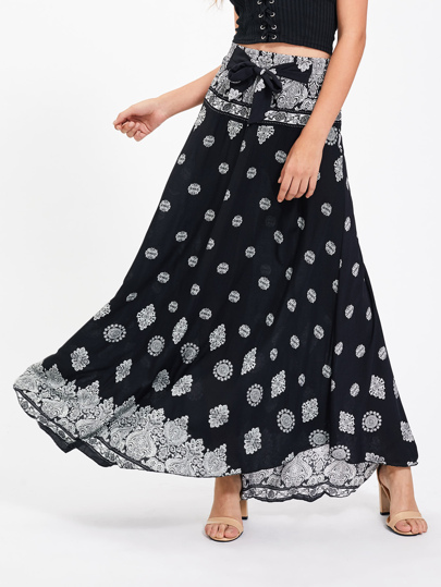 Bow Tie Detail Ornate Print Skirt
