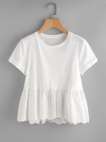 Eyelet Embroidered Hem Mixed Media Tee