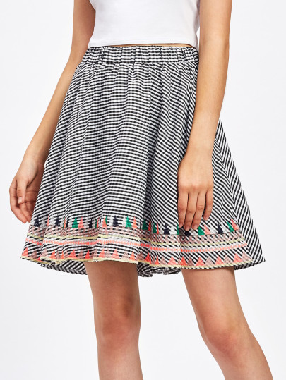 Elastic Waist Embroidery Gingham Skirt